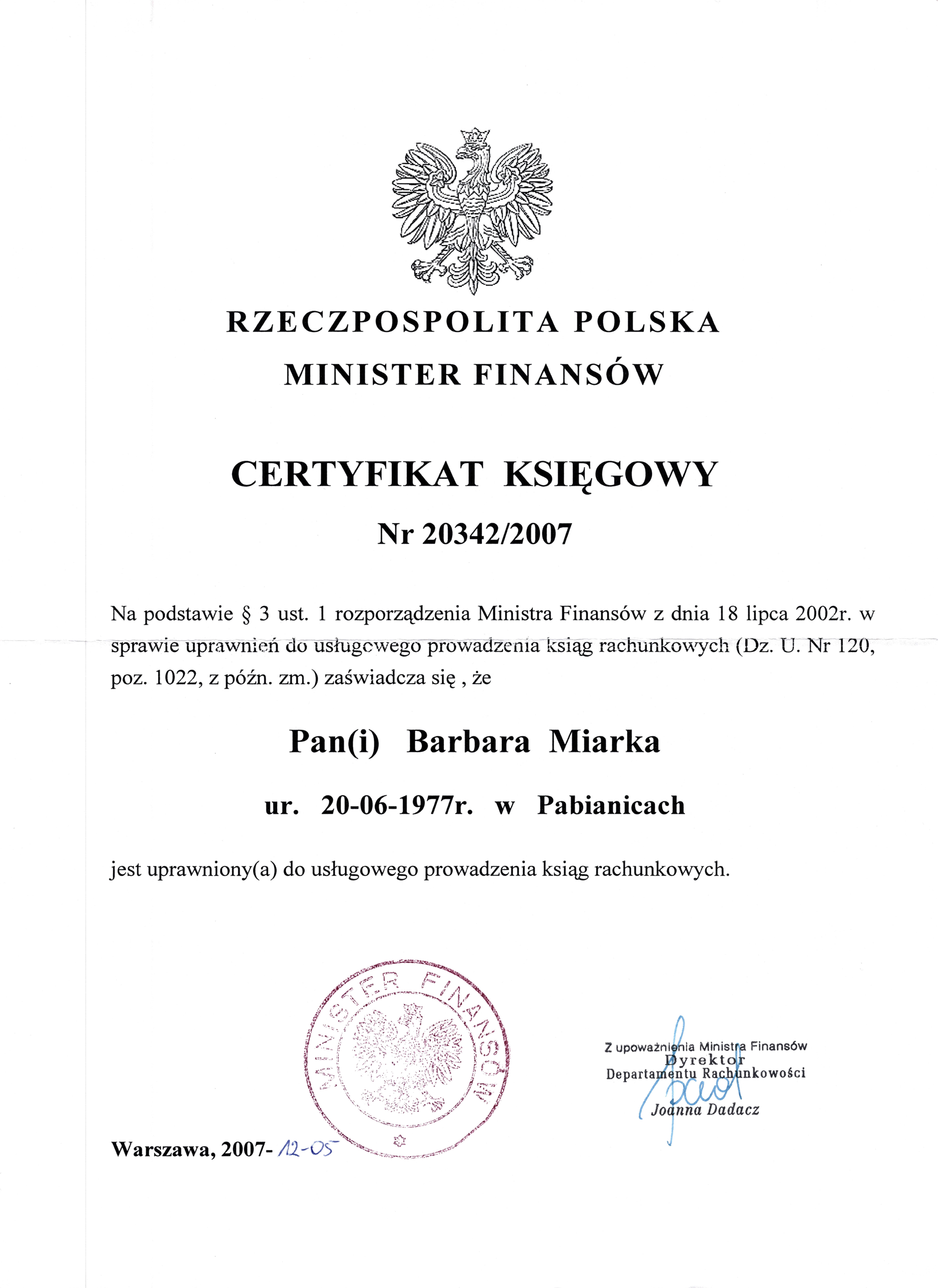 Certyfikat księgowy Ministerstwa Finansów — Barbara Miarka
